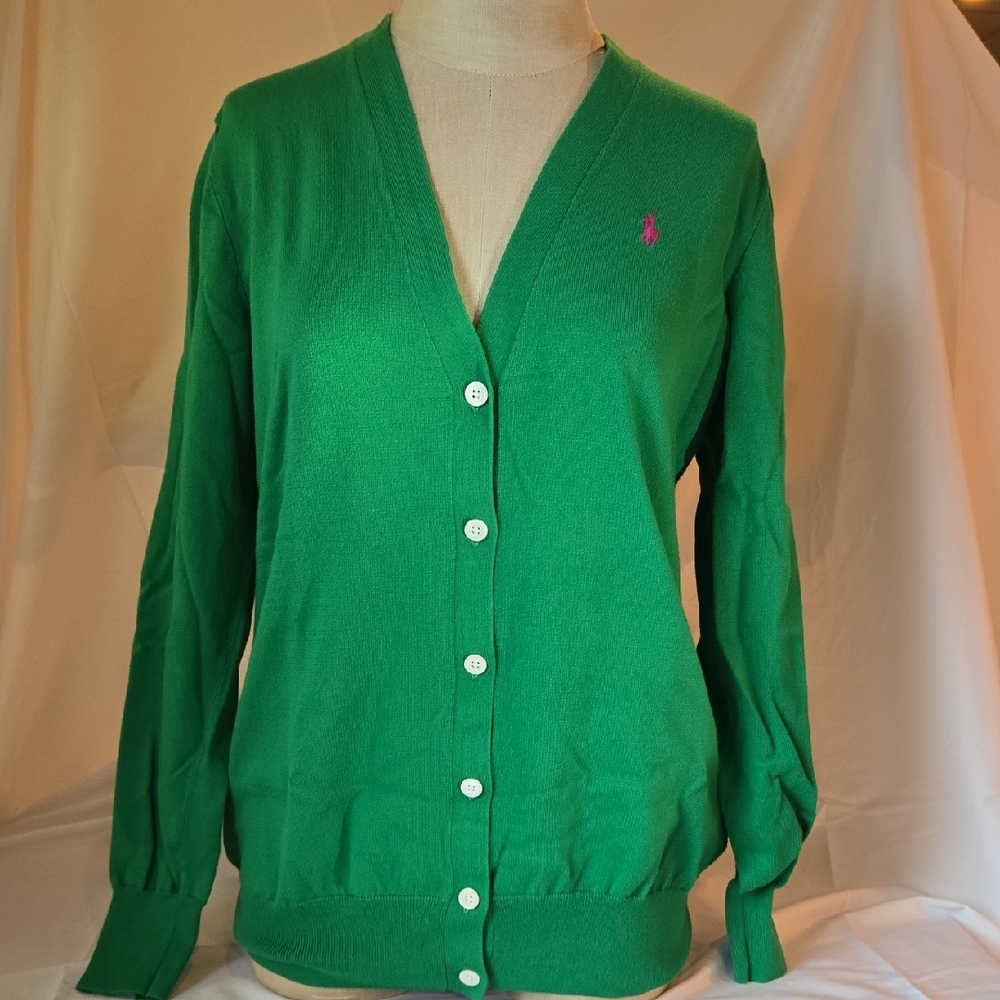 Ralph Lauren Green V-Neck Cotton Cardigan with Pink Polo Logo